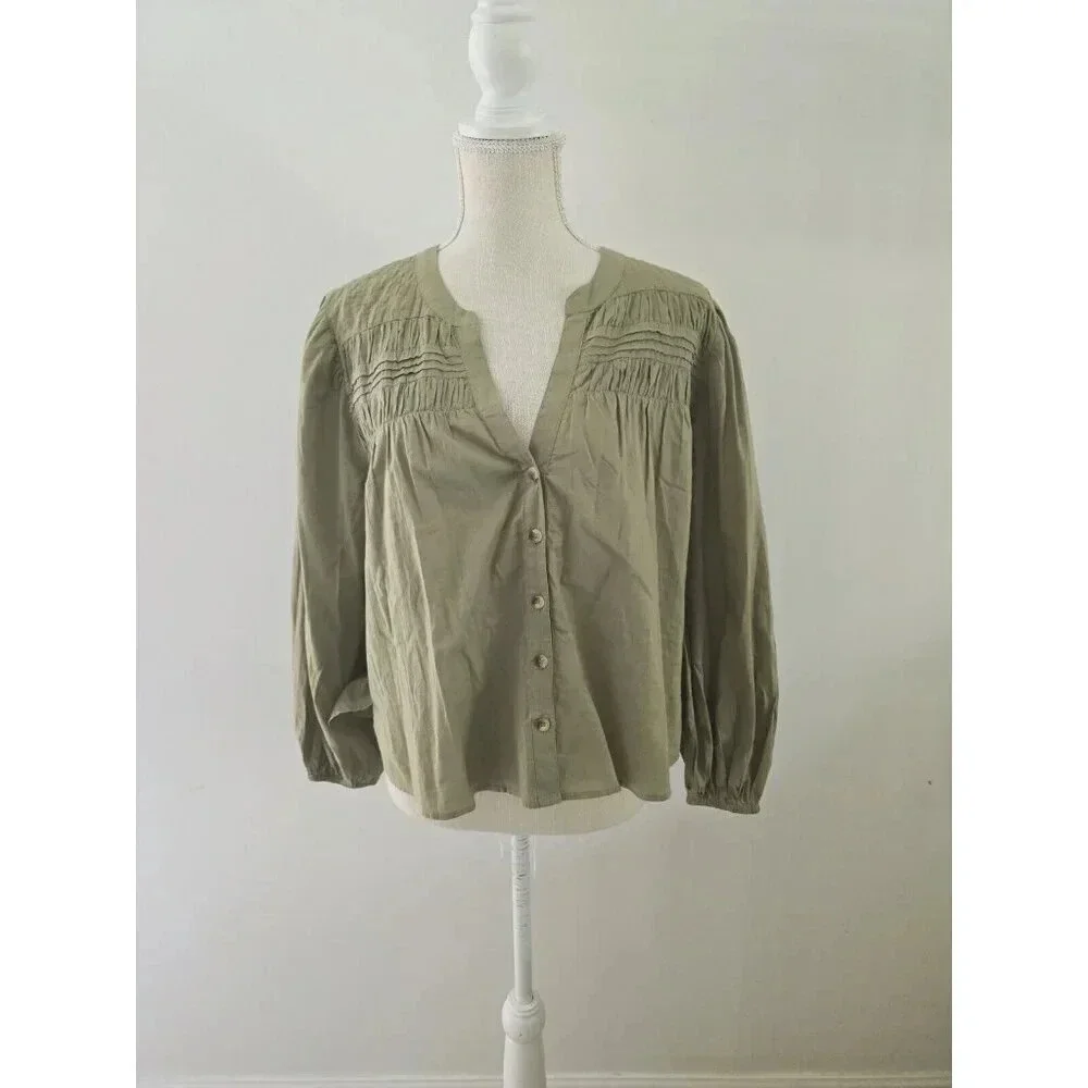 Cleobella River Pintuck Cotton Puff Sleeves Button Up Olive Green Blouse Top S - Picture 3 of 10